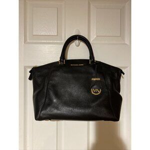 MICHAEL KORS RILEY BLACK LEATHER TOP ZIP SATCHEL BAG PURSE